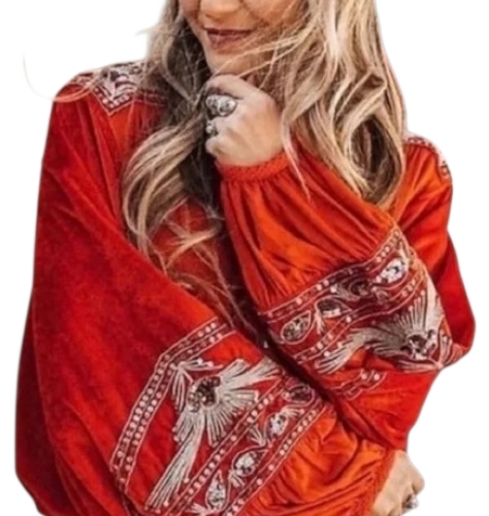 Free People Hearts Aflame Embroidered Top Size XS Oversized Sequined Linen